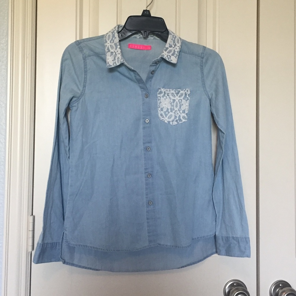 Blue button-down shirt with lace accents